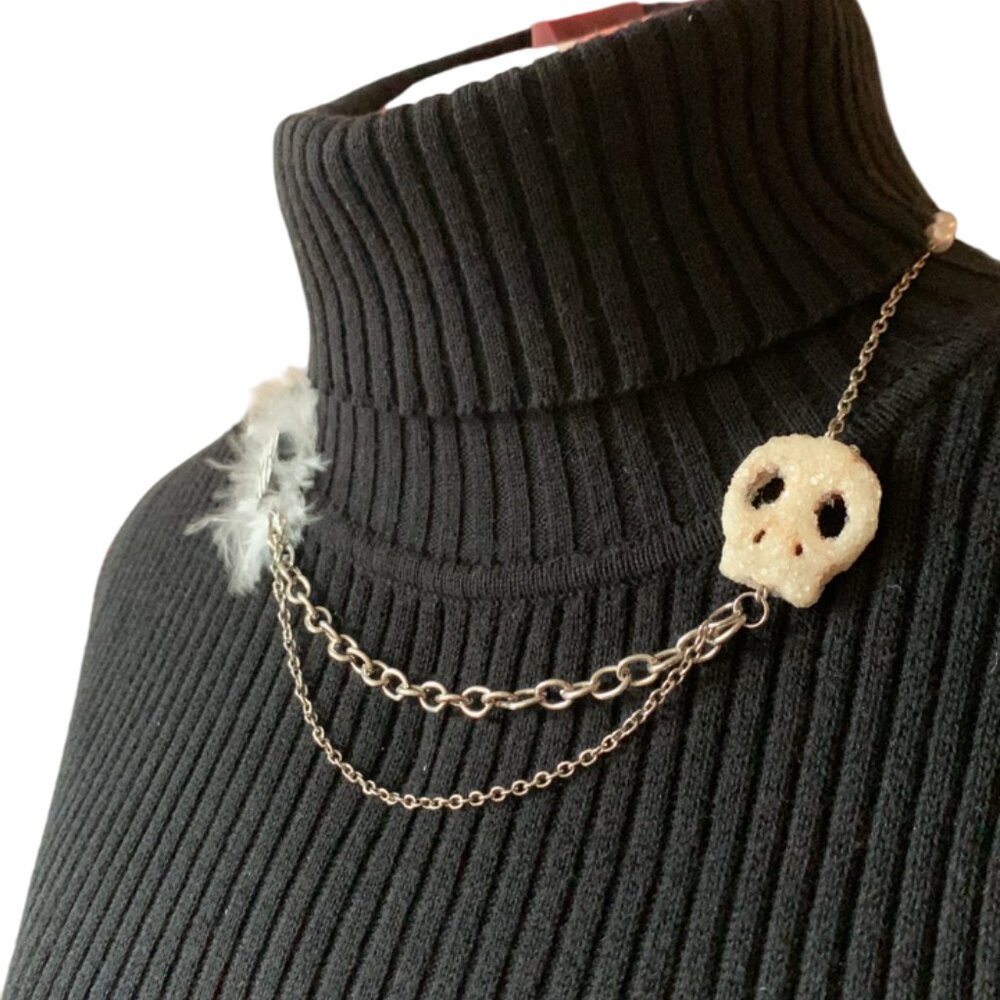 Handmade Short necklace asymmetrical skull double chains B&W